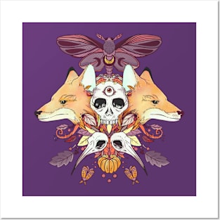 Foxes Hummingbird Skulls Autumn Artwork Posters and Art